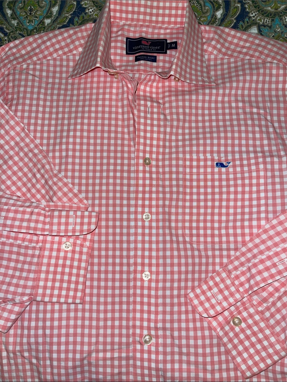 Vineyard Vines Men’s Coral Pink Gingham Button-Down Tucker Shirt
